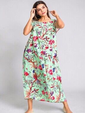 Sevya Handmade Ishani Cotton Floral Kaftan Dress L/XL Lightweight Natural Summer